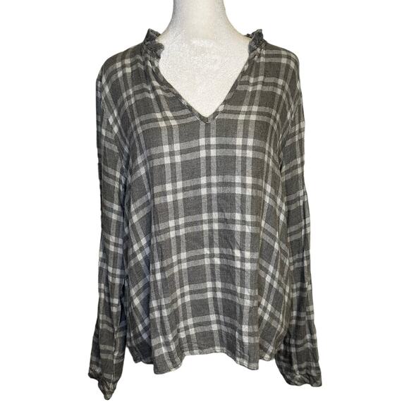 Cloth & Stone Anthropologie gray & white plaid flannel long sleeve top size L - Picture 1 of 12